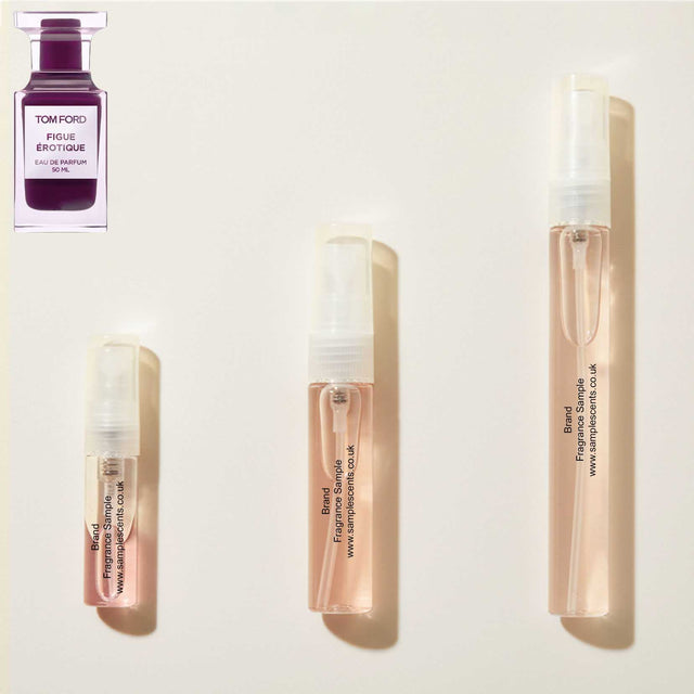 Perfume sample atomisers shown for size reference, hand-decanted from Tom Ford Figue Érotique bottle.